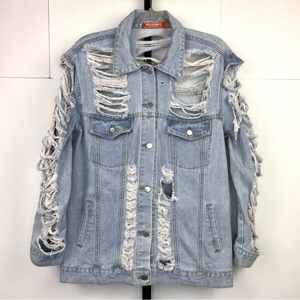 Thirty 6 Point 5 Denim Jacket Women S Blue Oversized Distressed Grunge Boyfriend